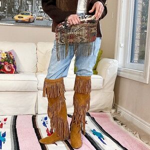 Aztec tapestry fabric bag with metal fringe